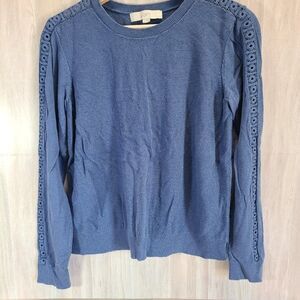 LOFT Cornflower Blue Sweater L Long Sleeve Lace Detail Textured Knit Top